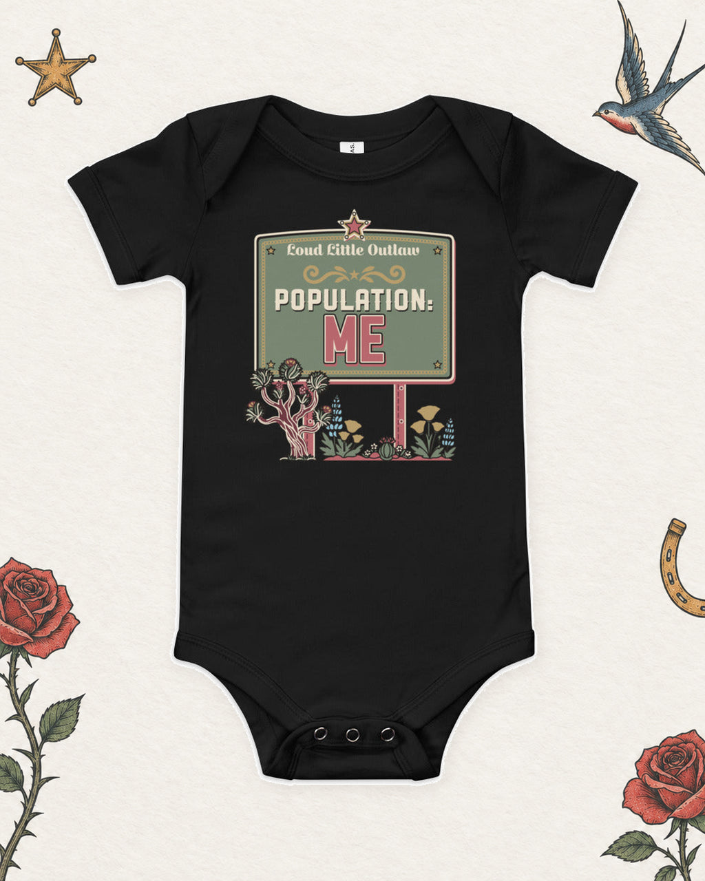 Population: Me Desert Western Baby Bodysuit in White, product view on pale ivory with faded colored tattoo flash.