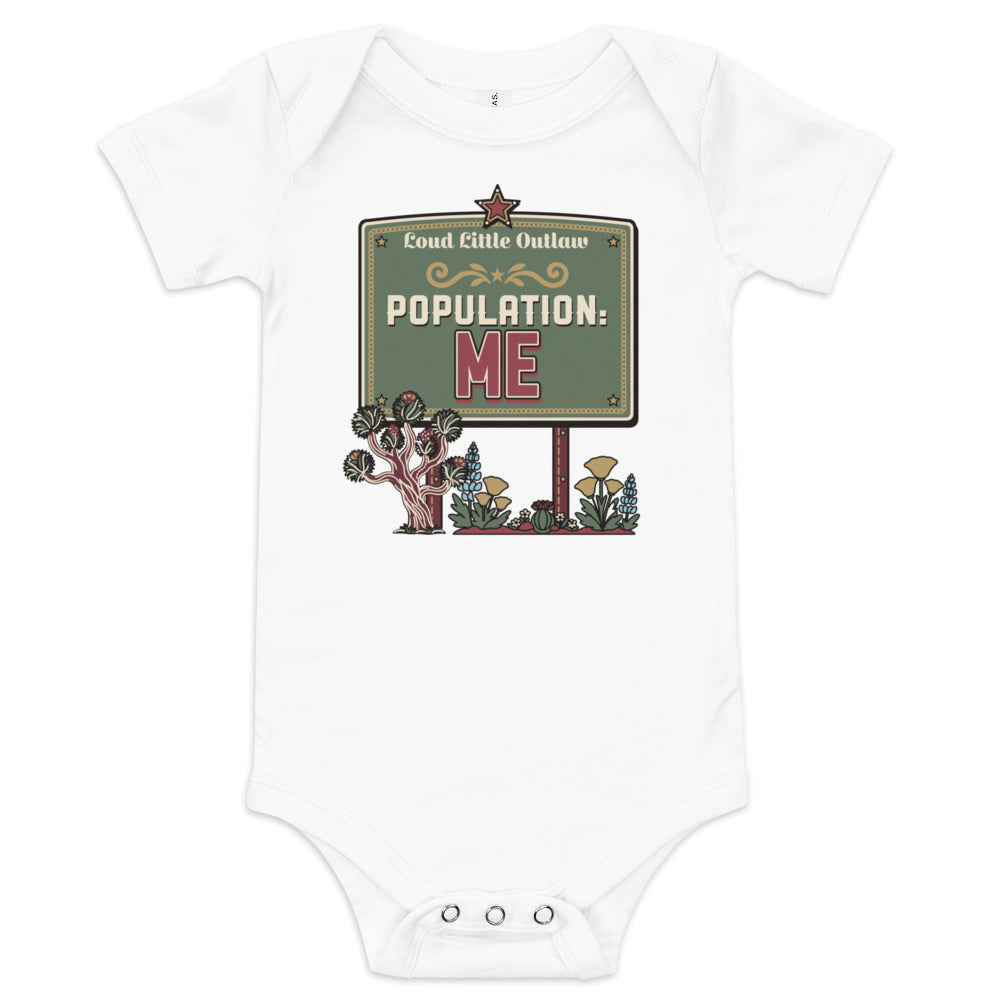 Population: Me Desert Western Baby Bodysuit, white, population: Me town sign with desert plants and flowers, product view.