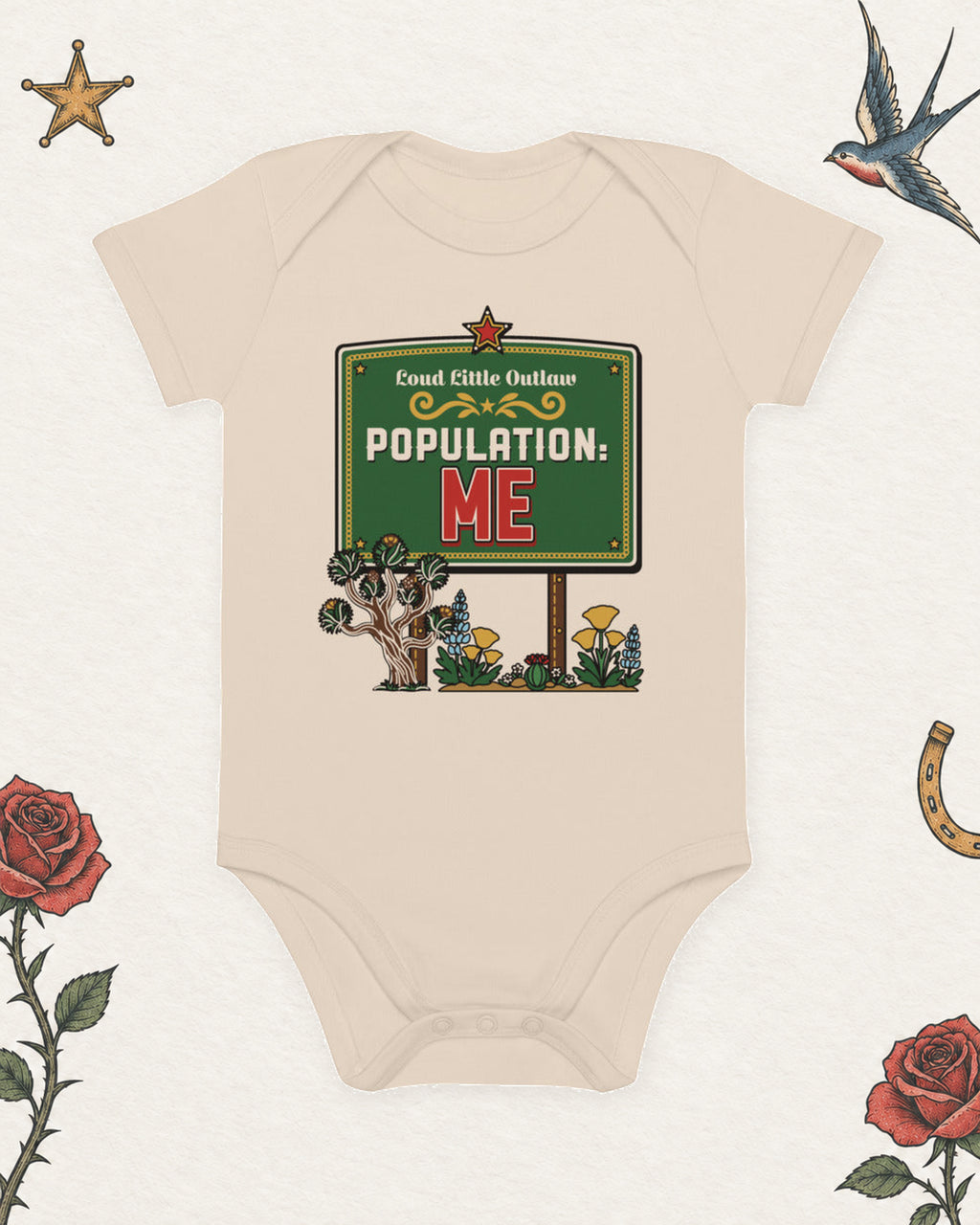 Population: Me Organic Baby Bodysuit, Natural in Natural, product view on pale ivory with faded colored tattoo flash.