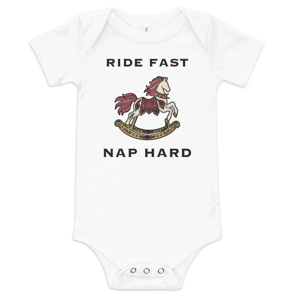 Ride Fast, Nap Hard Baby Bodysuit in White, product view on clean background.