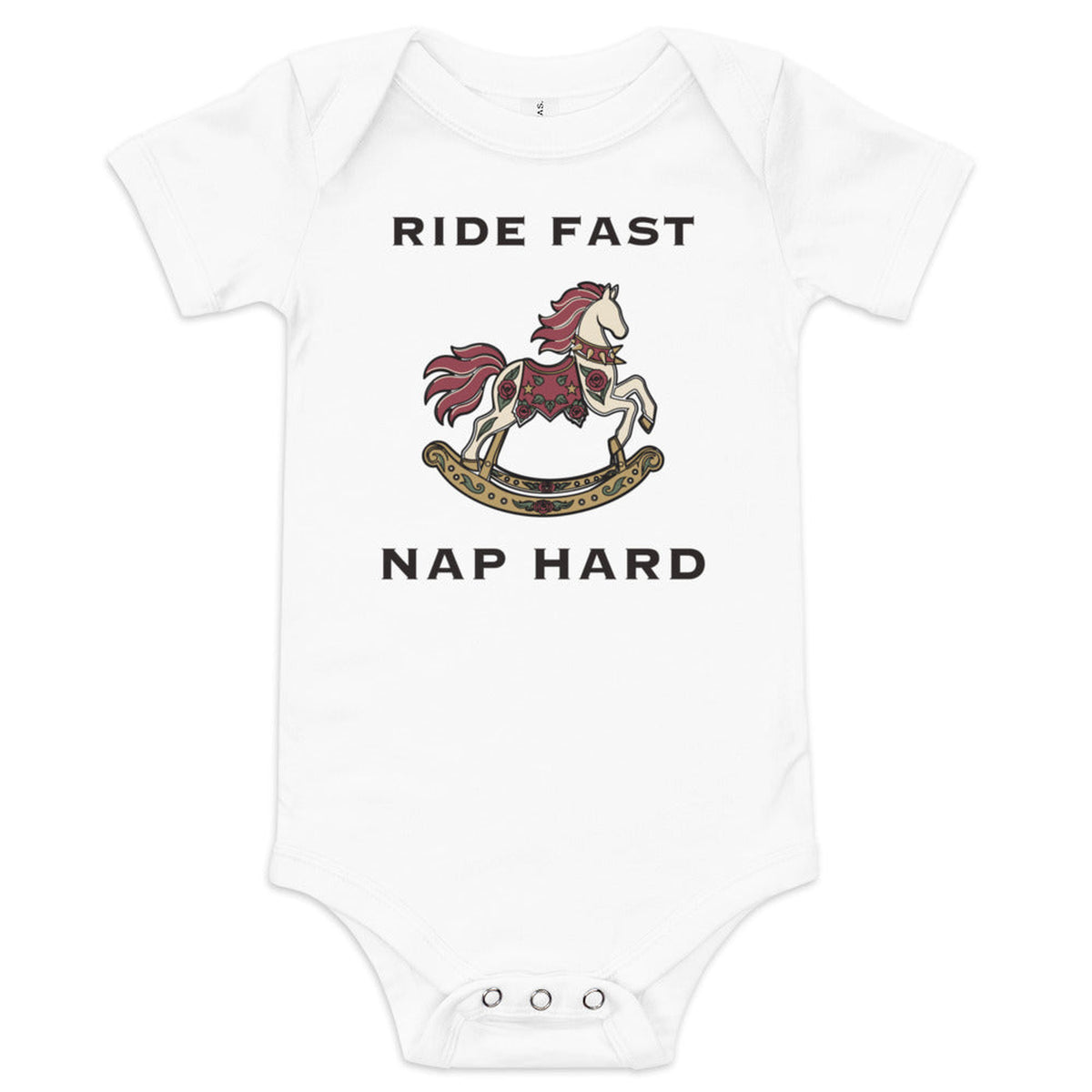 Ride Fast, Nap Hard Baby Bodysuit in White, product view on clean background.