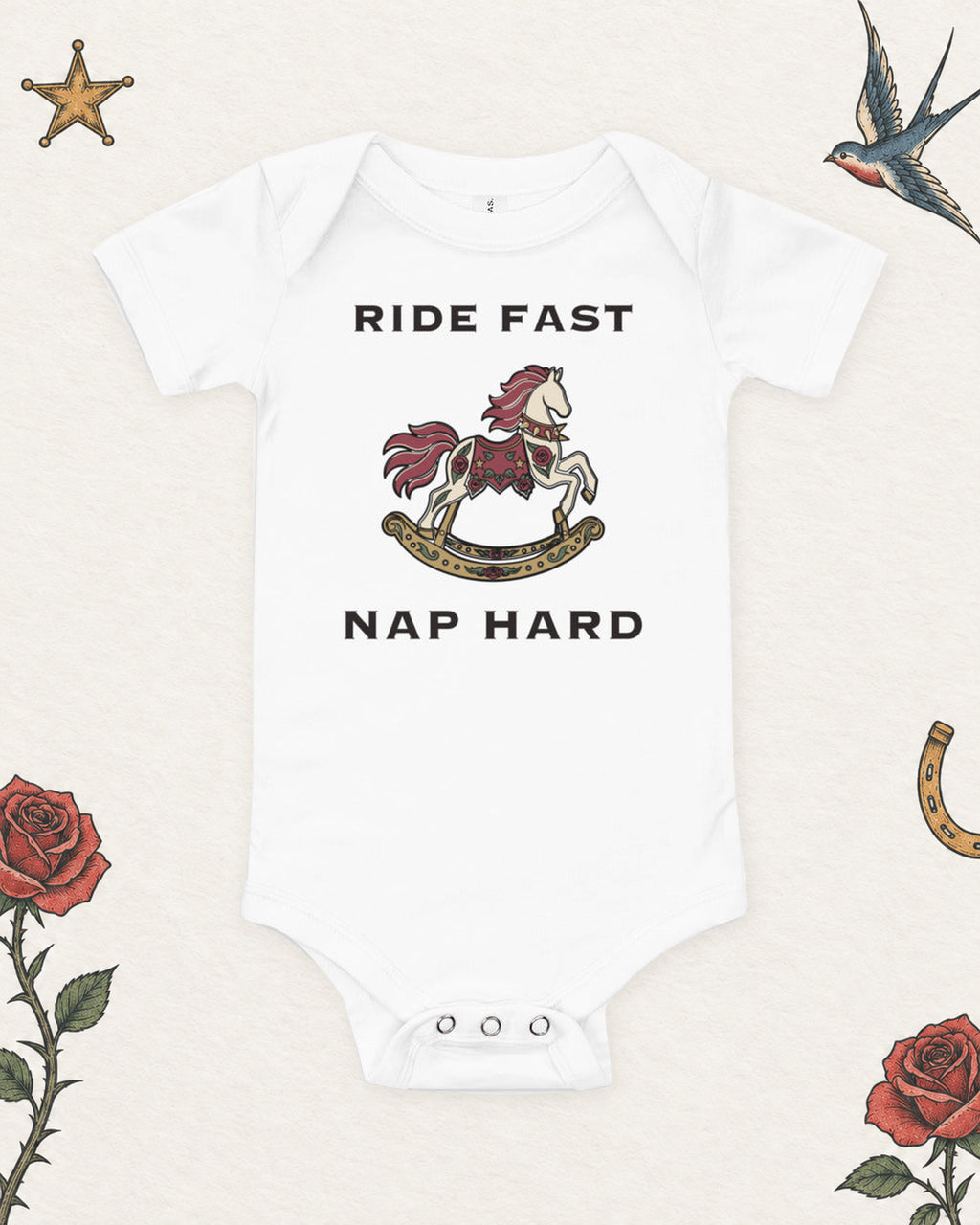 Ride Fast, Nap Hard Baby Bodysuit in White, product view on pale ivory with faded colored tattoo flash.