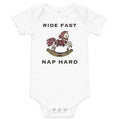 Ride Fast, Nap Hard Baby Bodysuit, white, rose-trimmed rocking horse and Ride Fast, Nap Hard lettering, product view.