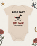 Ride Fast, Nap Hard Organic Baby Bodysuit, Natural in Natural, product view on pale ivory with faded colored tattoo flash.
