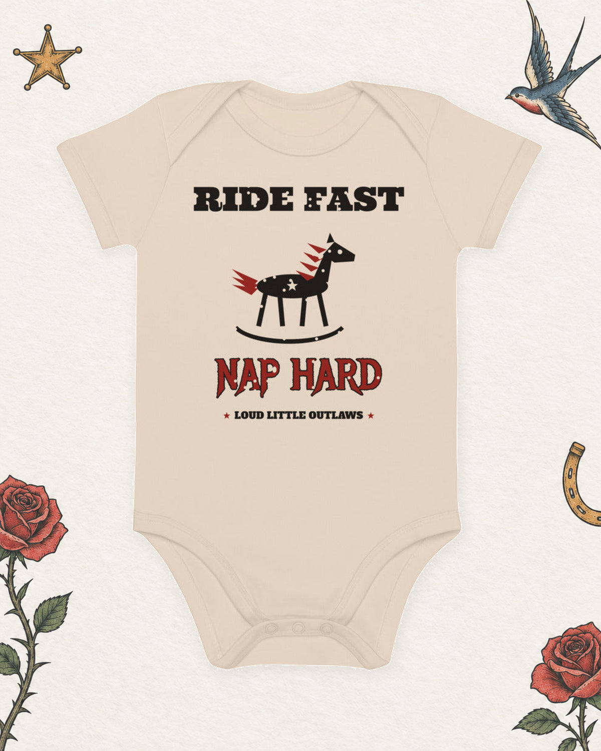Ride Fast, Nap Hard Organic Baby Bodysuit, Natural in Natural, product view on pale ivory with faded colored tattoo flash.