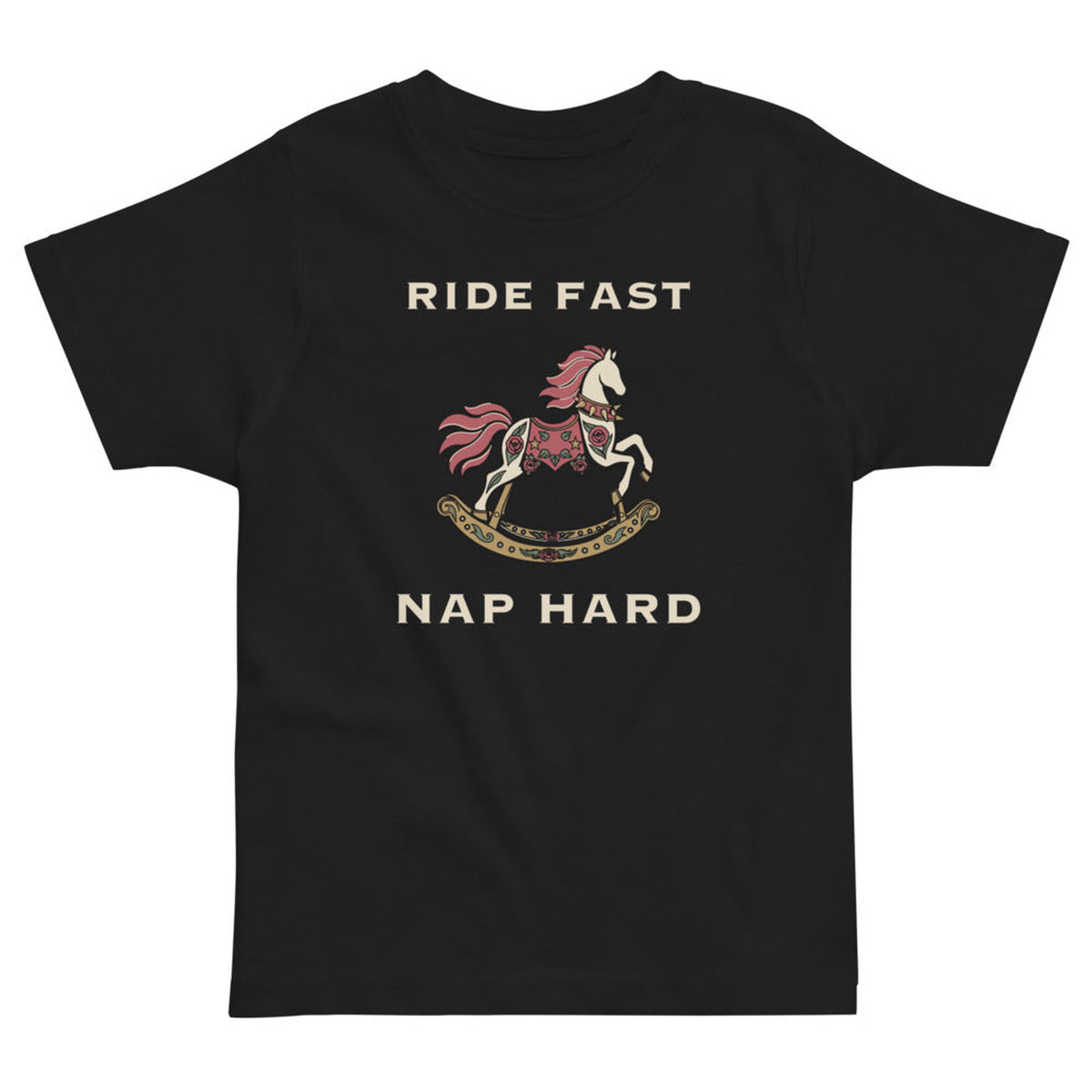 Ride Fast, Nap Hard Toddler Tee in Black, product view on clean background.