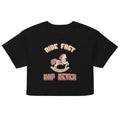 Ride Fast, Nap Never Women's Crop Top, black, rose rocking horse between Ride Fast and Nap Never lettering, product view.