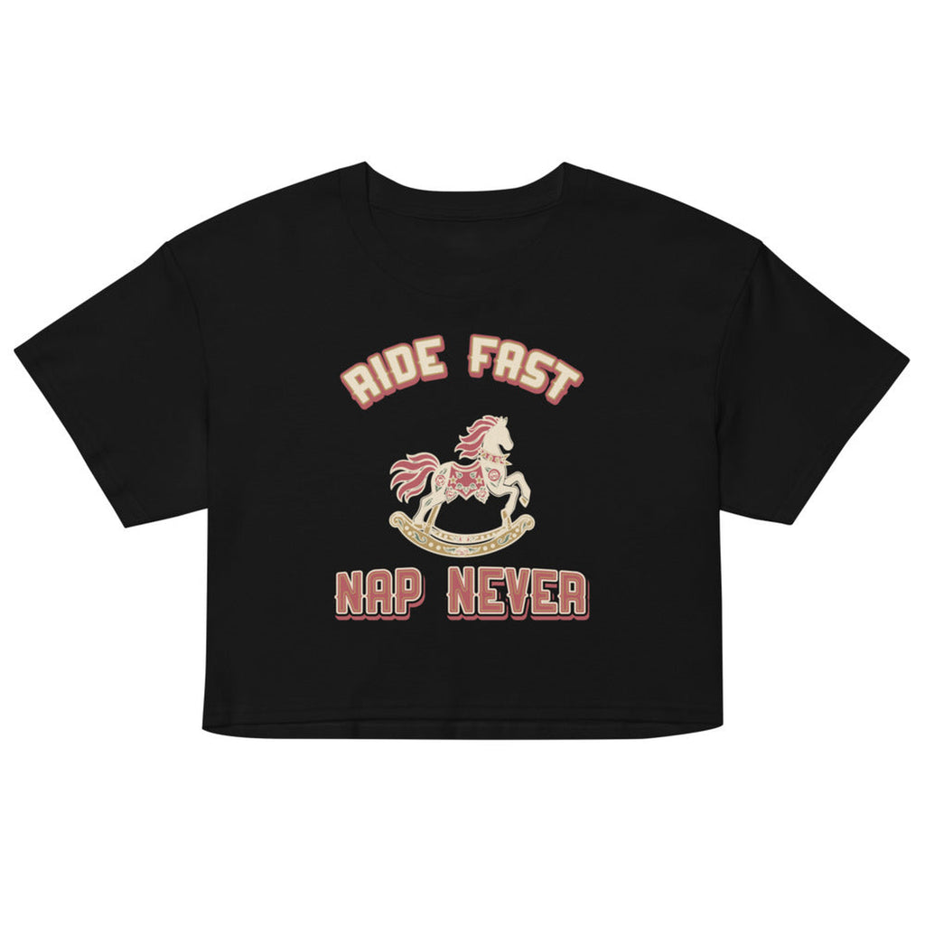 Ride Fast, Nap Never Women's Crop Top in Black, product view on clean background.