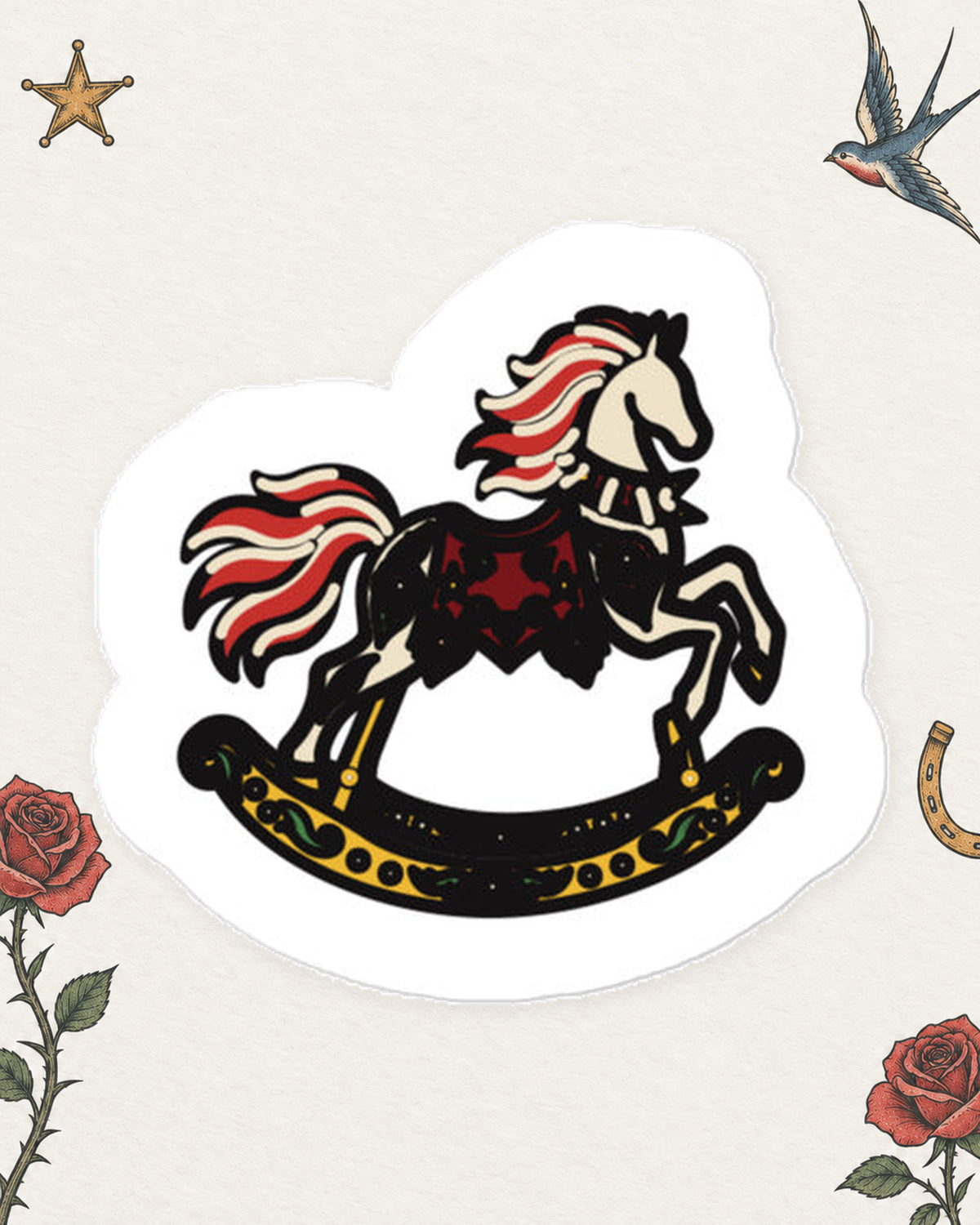 Rose Rocking Horse Sticker in Red / Black / Gold, product view on pale ivory with faded colored tattoo flash.