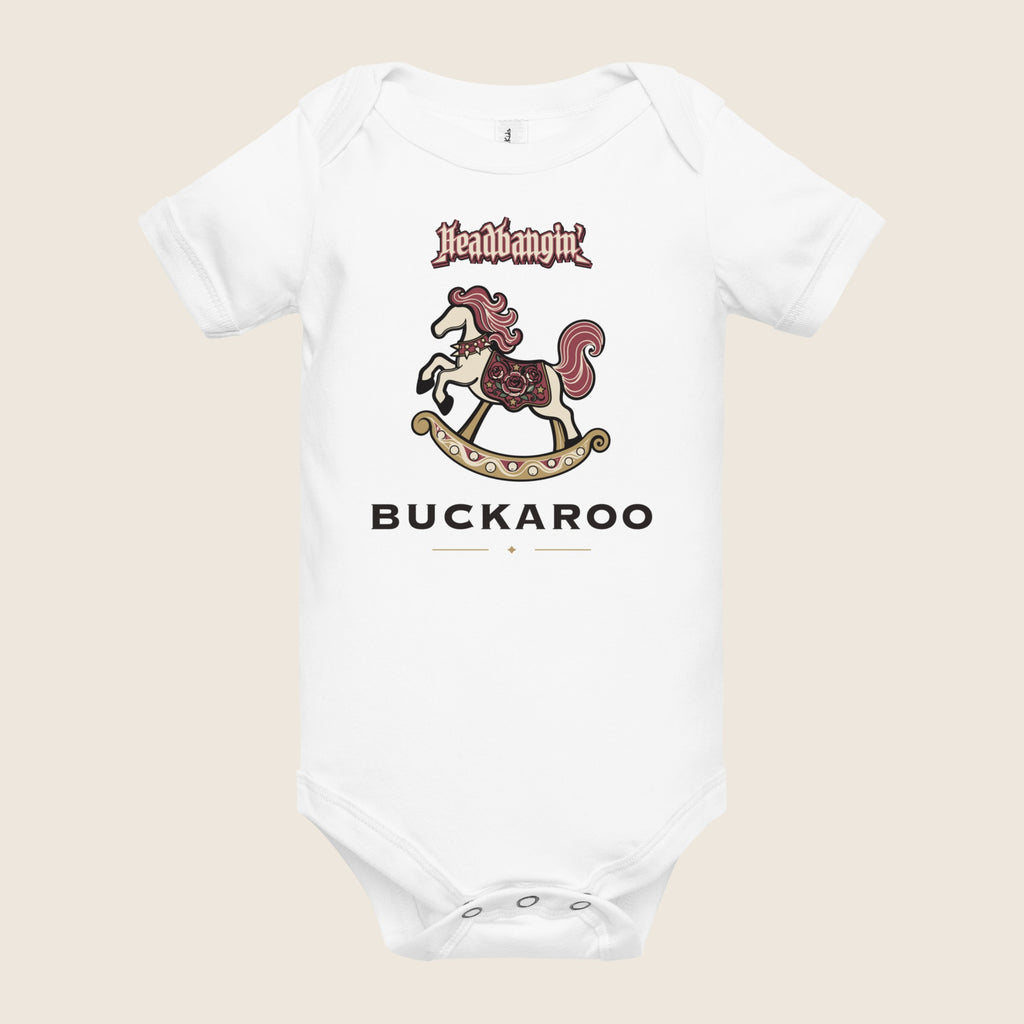 Headbangin' Buckaroo Baby Bodysuit in White, alternate flat front view