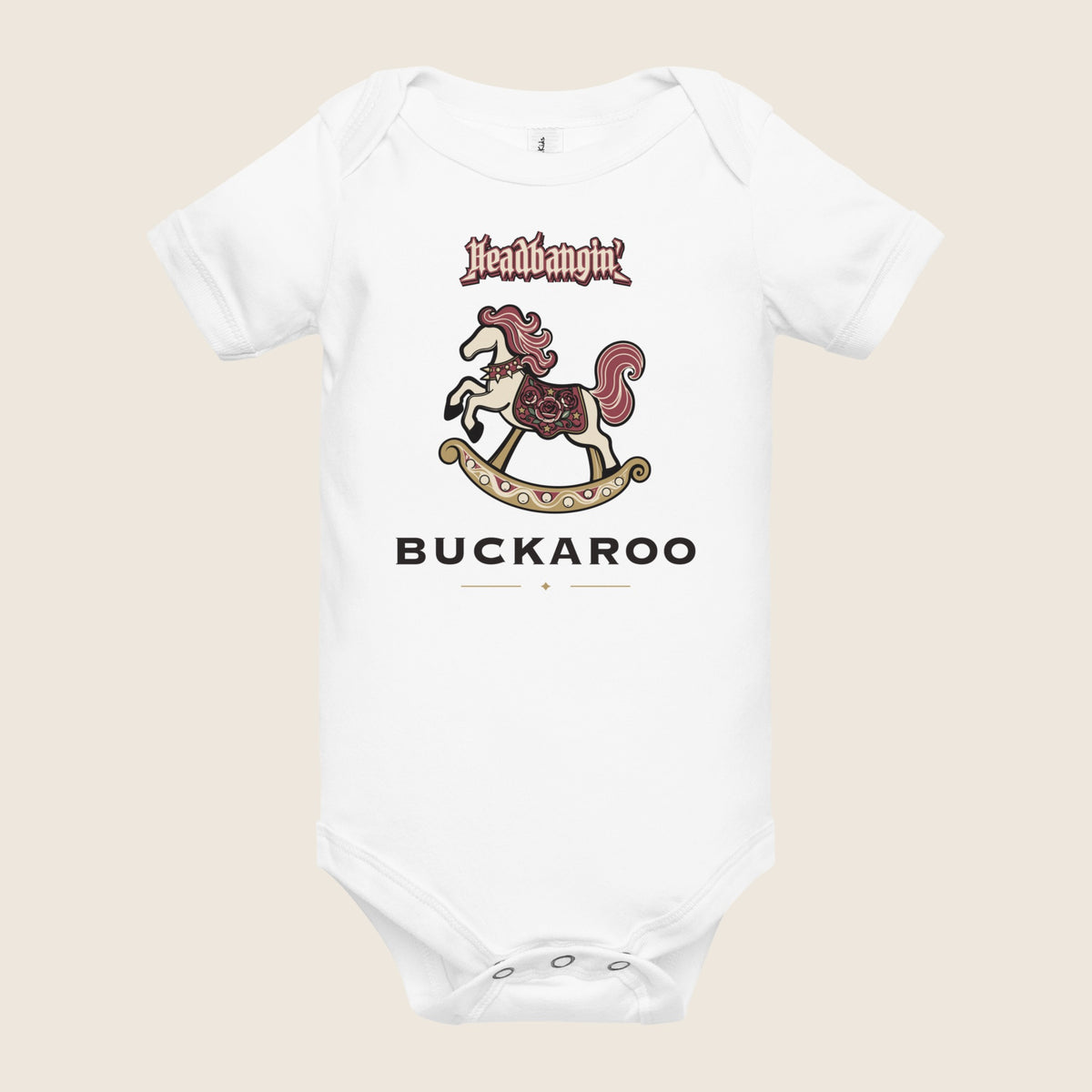 Headbangin' Buckaroo Baby Bodysuit in White, alternate flat front view