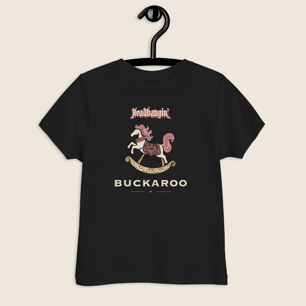 Headbangin' Buckaroo Toddler Tee in Black, front view on a hanger