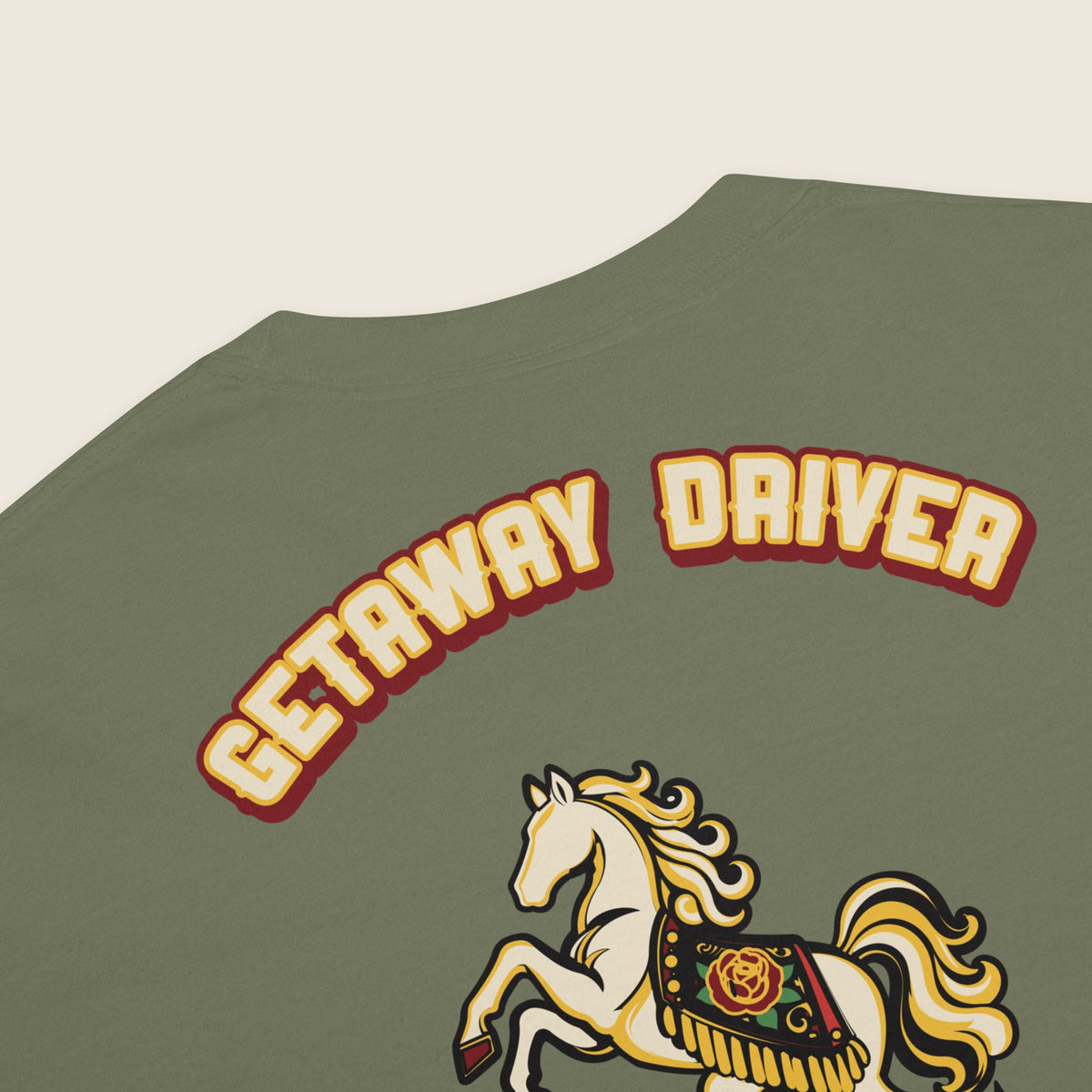 Getaway Driver Papa Heavyweight Work Tee in Moss, close-up of the print