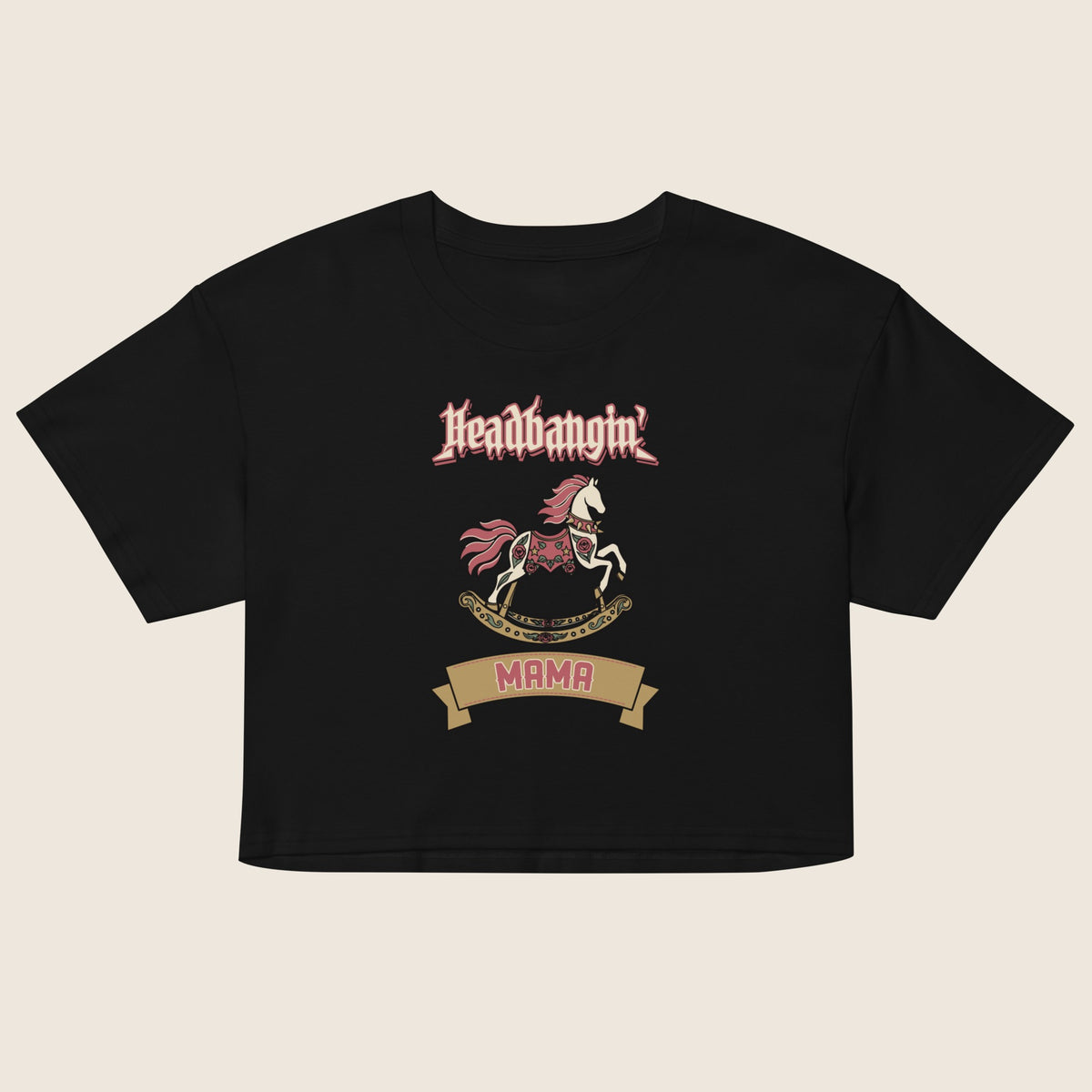 Headbangin' Mama Women's Crop Top in Black, flat front view