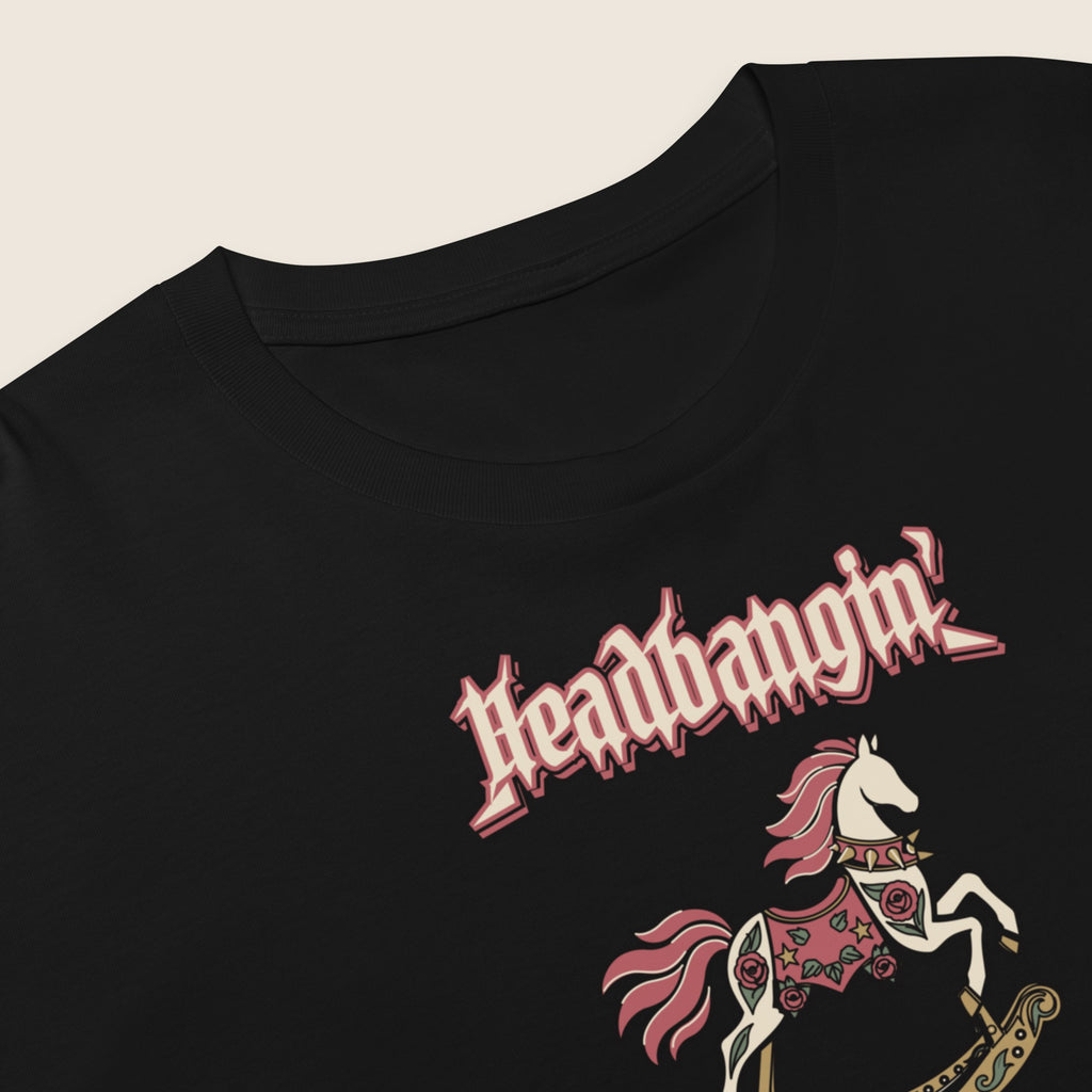 Headbangin' Mama Women's Crop Top in Black, close-up of the print