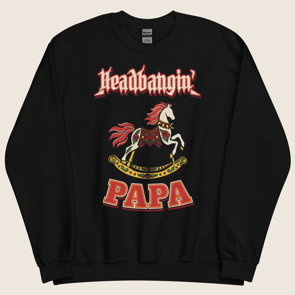 Headbangin' Papa Varsity Crewneck Sweatshirt in Black, relaxed flat front view