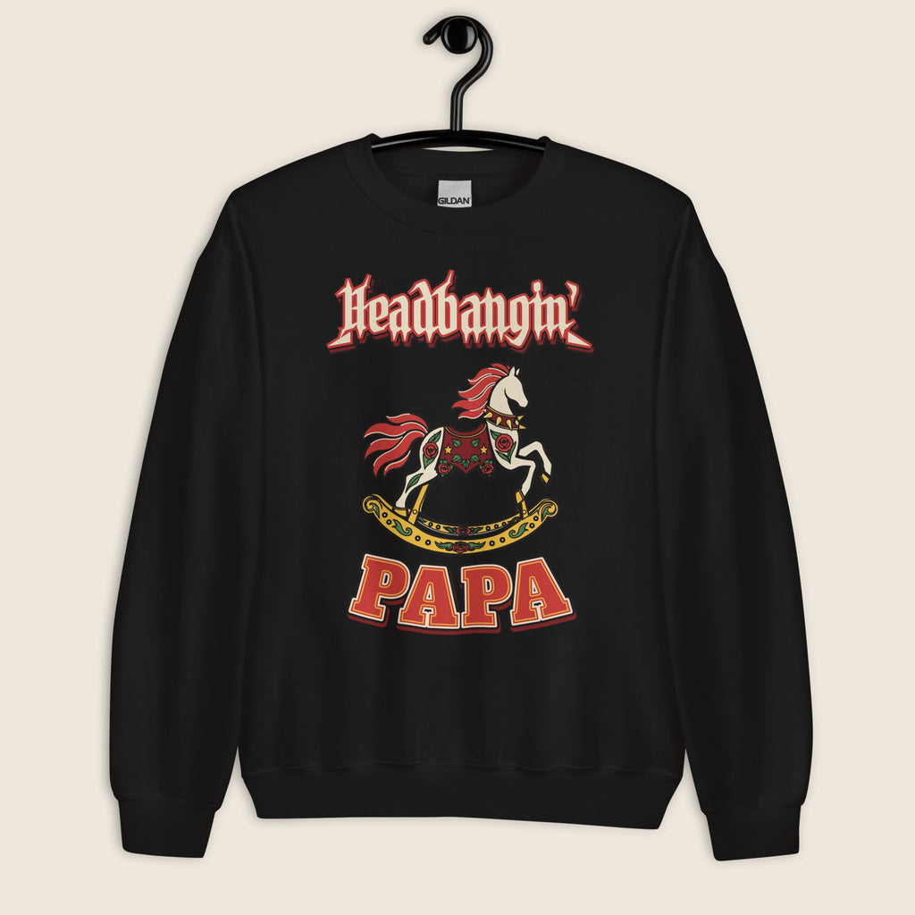 Headbangin' Papa Varsity Crewneck Sweatshirt in Black, front view on a hanger