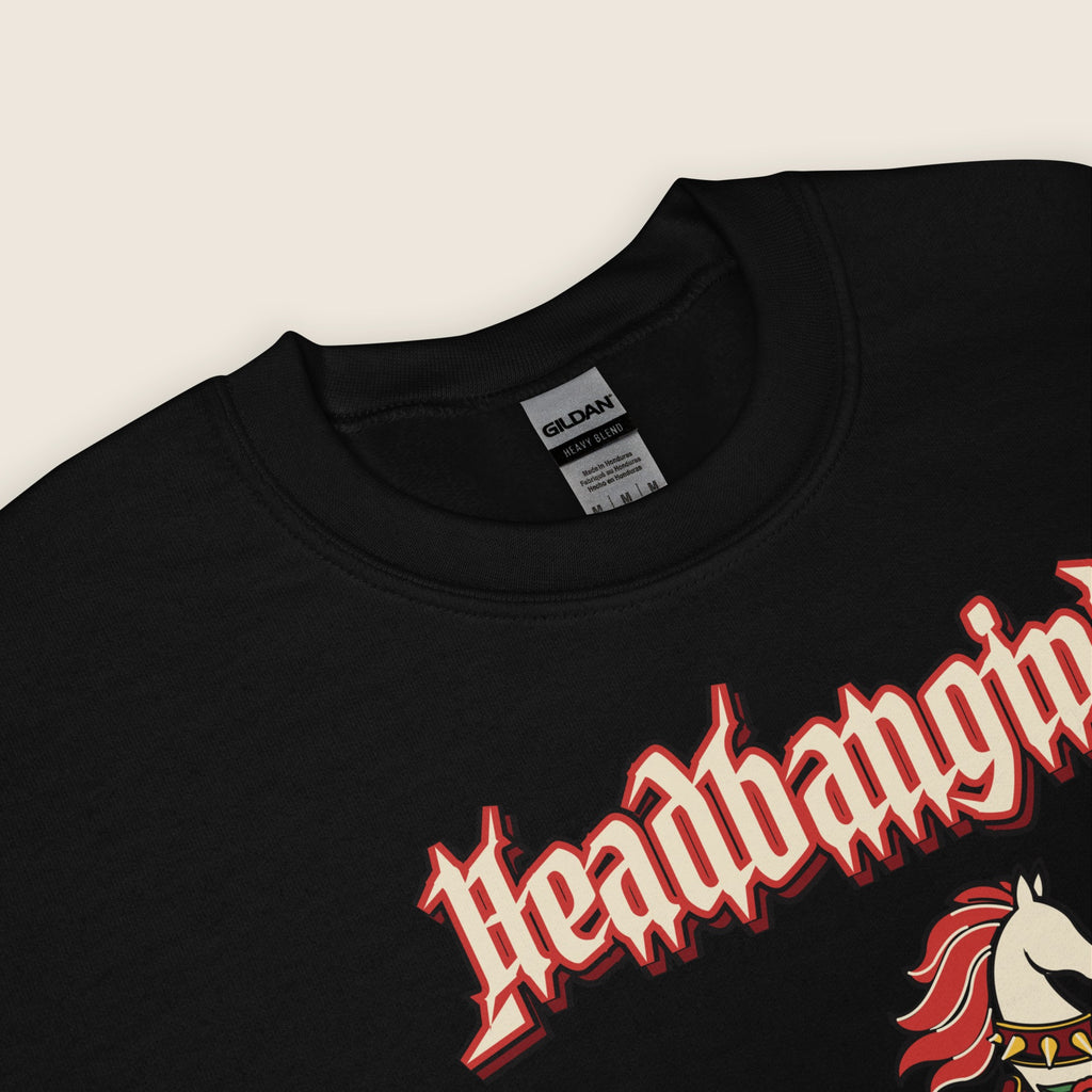 Headbangin' Papa Varsity Crewneck Sweatshirt in Black, close-up of the print