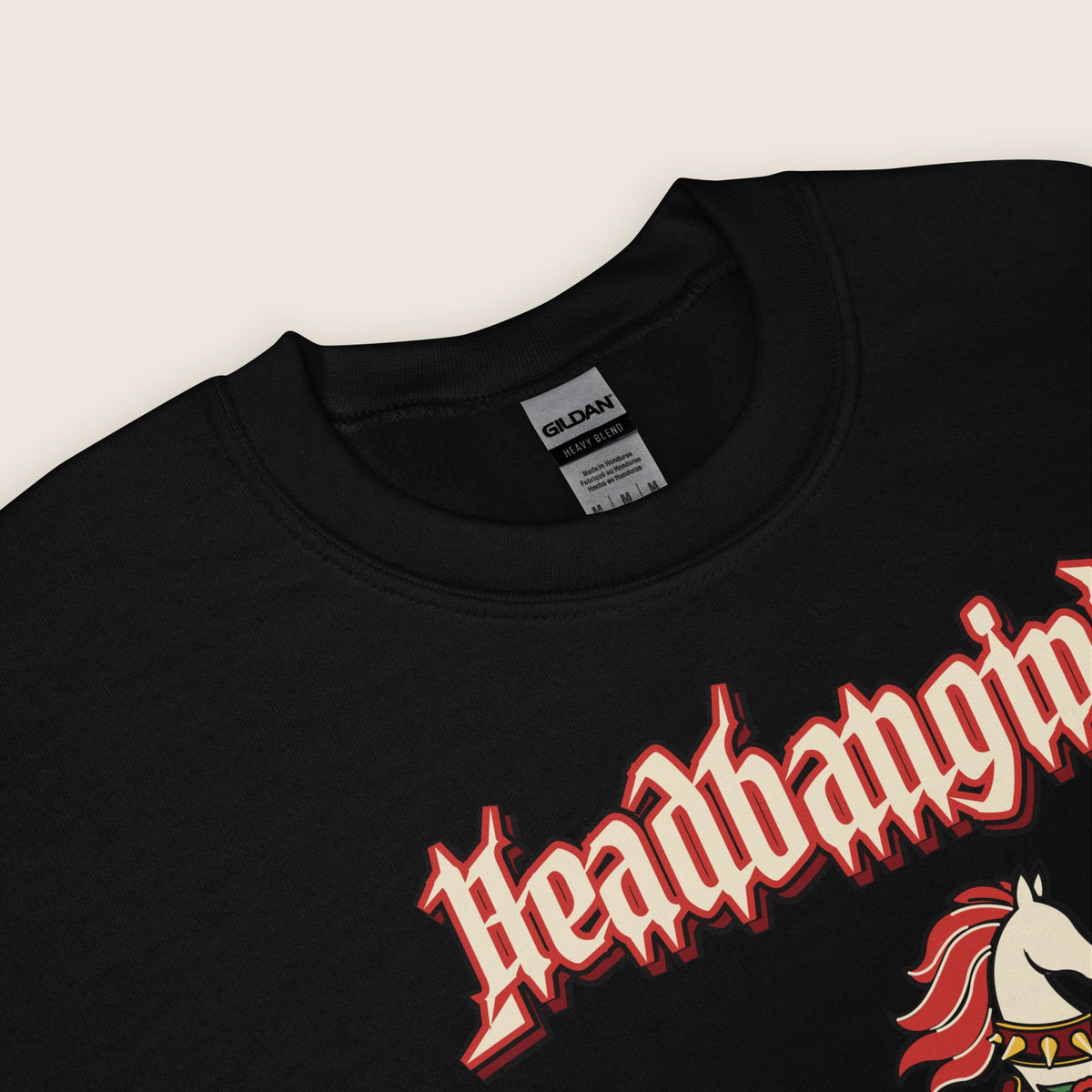 Headbangin' Papa Varsity Crewneck Sweatshirt in Black, close-up of the print