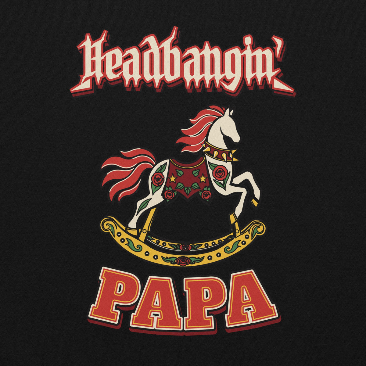Headbangin' Papa Varsity Crewneck Sweatshirt in Black, zoomed-in front print