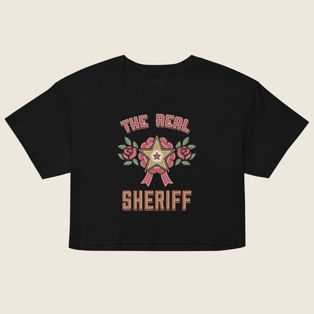 The Real Sheriff Women's Crop Top in Black, flat front view