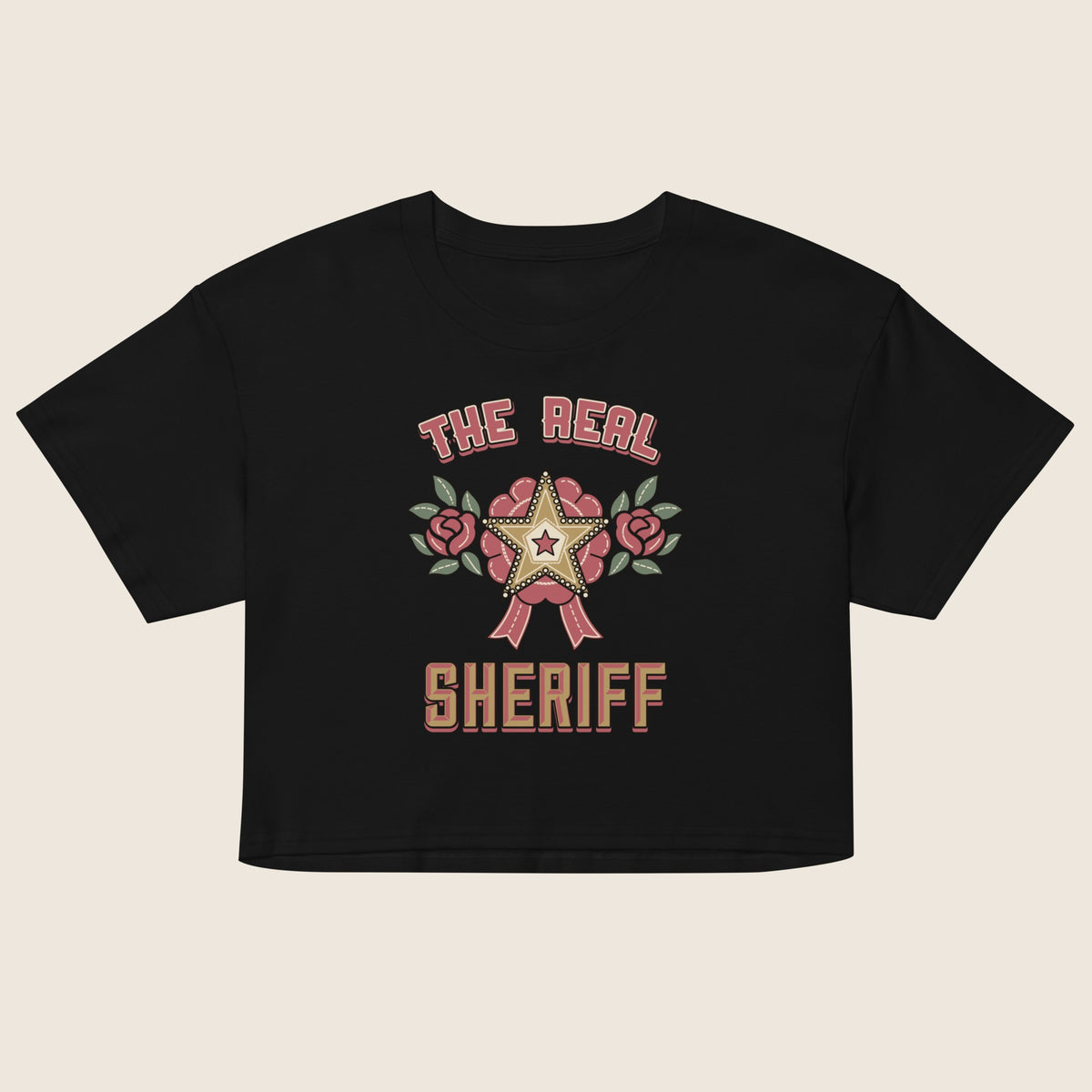 The Real Sheriff Women's Crop Top in Black, flat front view