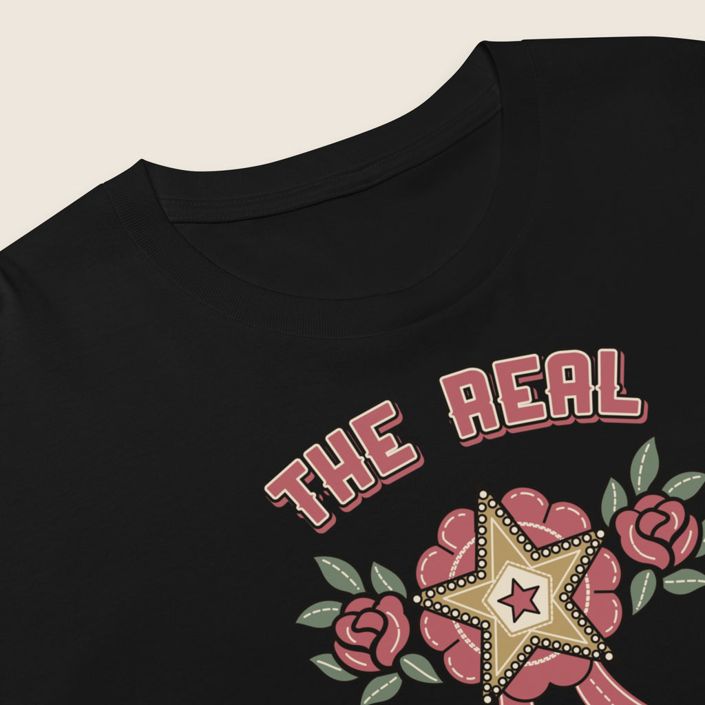 The Real Sheriff Women's Crop Top in Black, close-up of the print