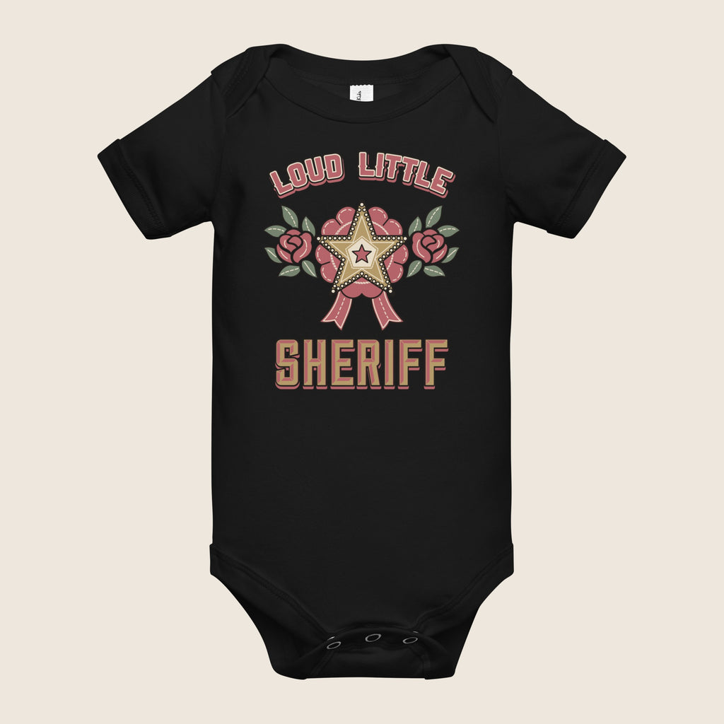 Loud Little Sheriff Baby Bodysuit, Western Sheriff Star in Black, alternate flat front view