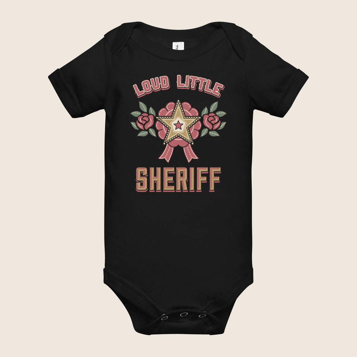 Loud Little Sheriff Baby Bodysuit, Western Sheriff Star in Black, alternate flat front view