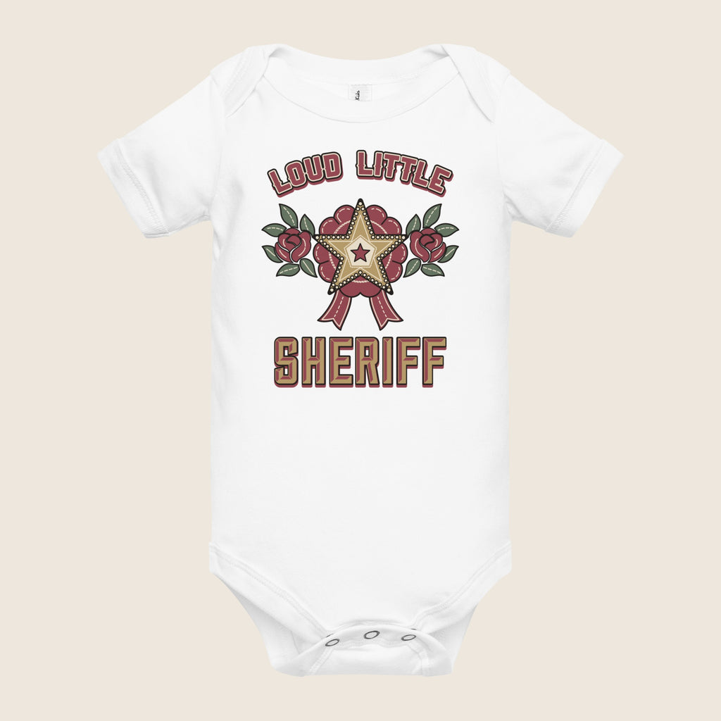 Loud Little Sheriff Baby Bodysuit, Western Sheriff Star in White, alternate flat front view
