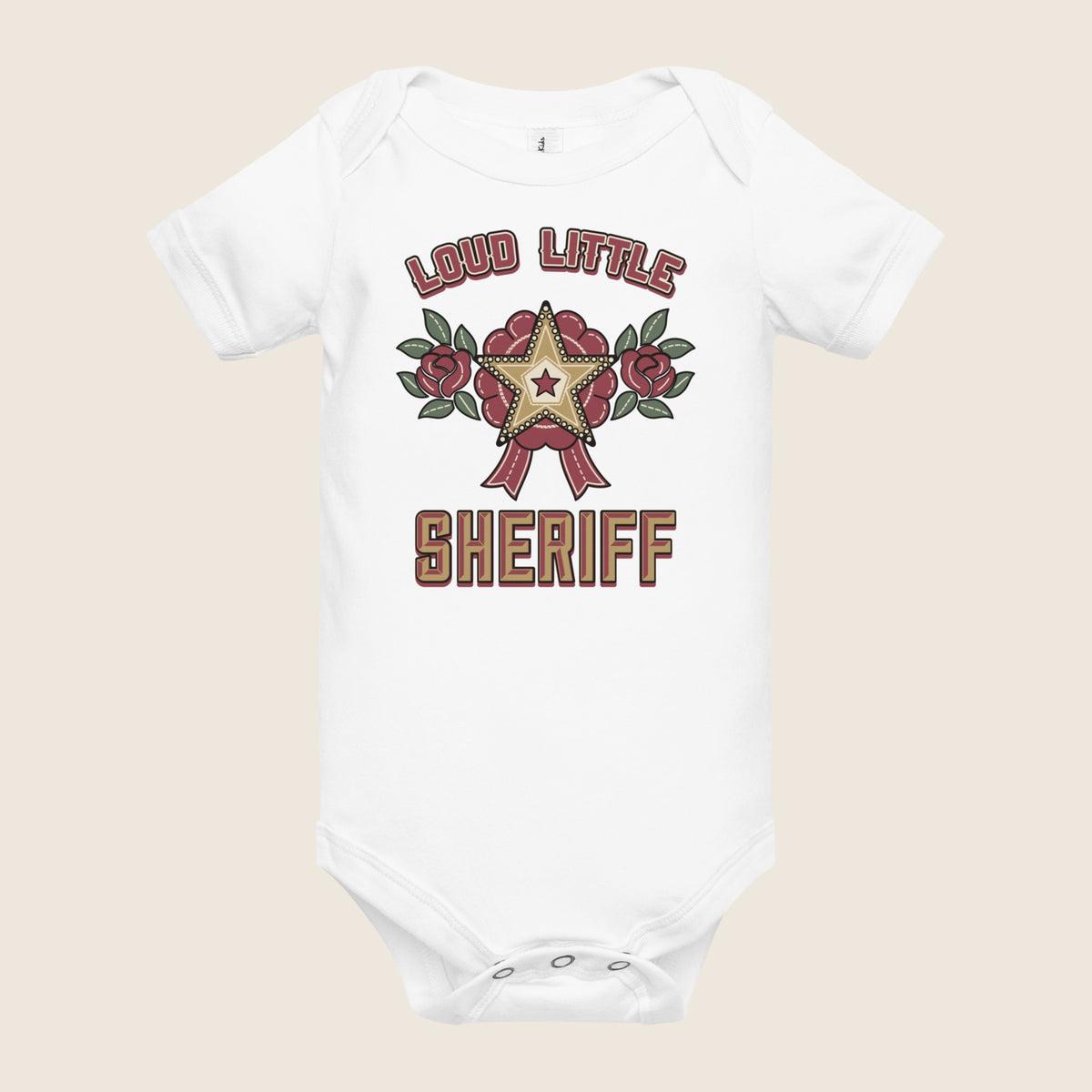 Loud Little Sheriff Baby Bodysuit, Western Sheriff Star in White, alternate flat front view