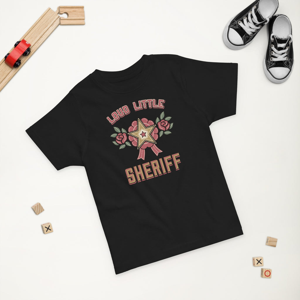 Loud Little Sheriff Toddler T-Shirt, Western Sheriff Star in Black, styled flat lay, second angle
