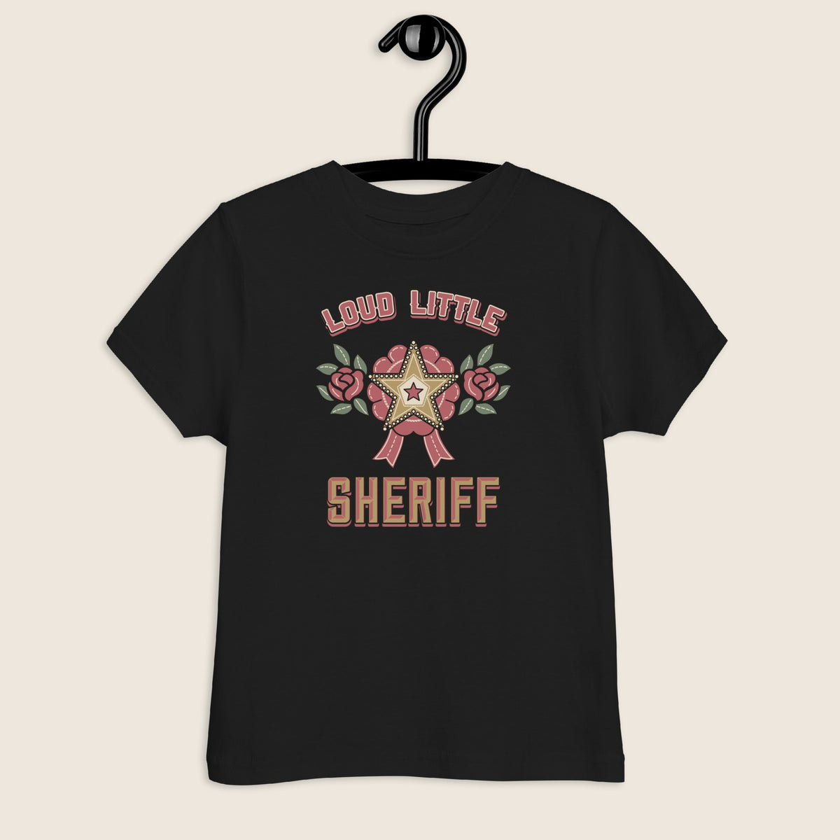 Loud Little Sheriff Toddler T-Shirt, Western Sheriff Star in Black, front view on a hanger
