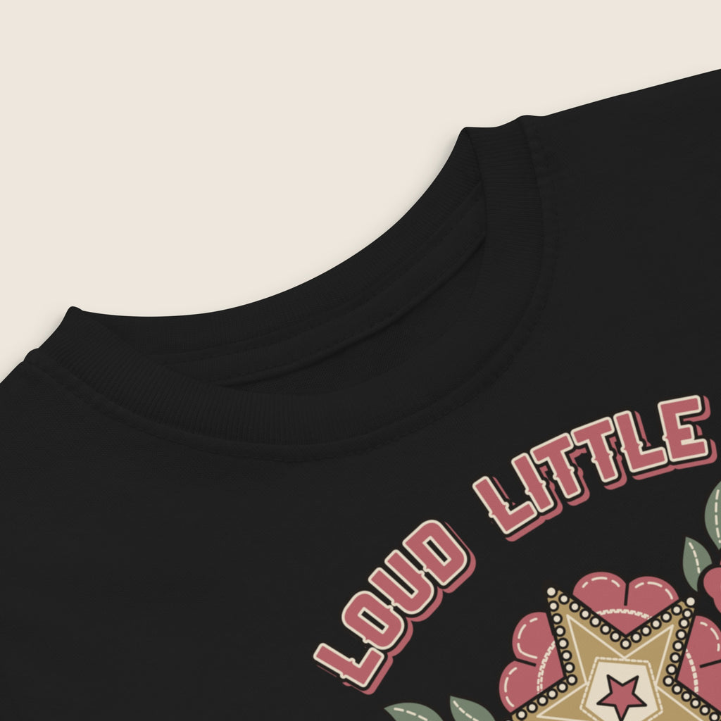 Loud Little Sheriff Toddler T-Shirt, Western Sheriff Star in Black, close-up of the print