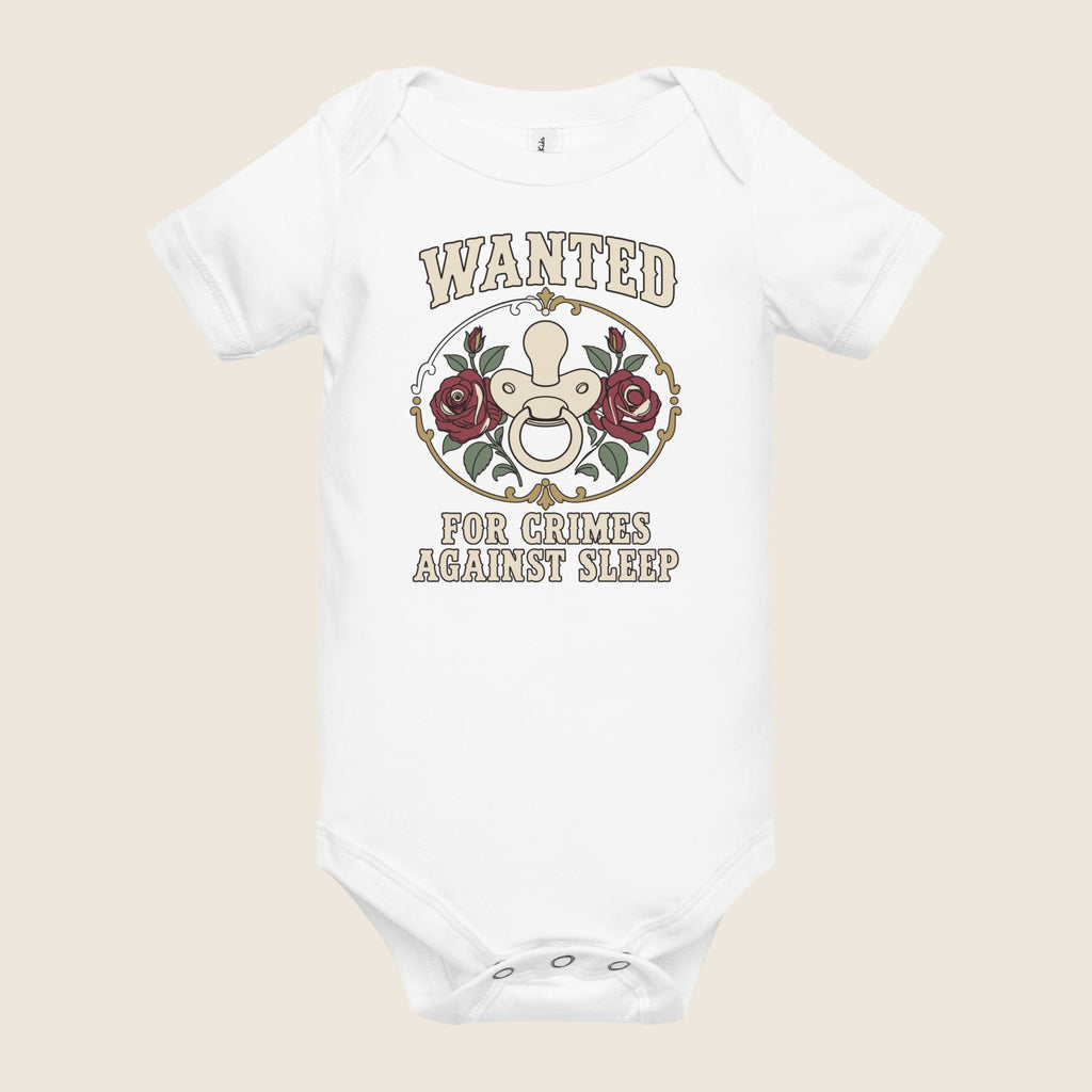 Wanted: For Crimes Against Sleep Baby Bodysuit in White, alternate flat front view