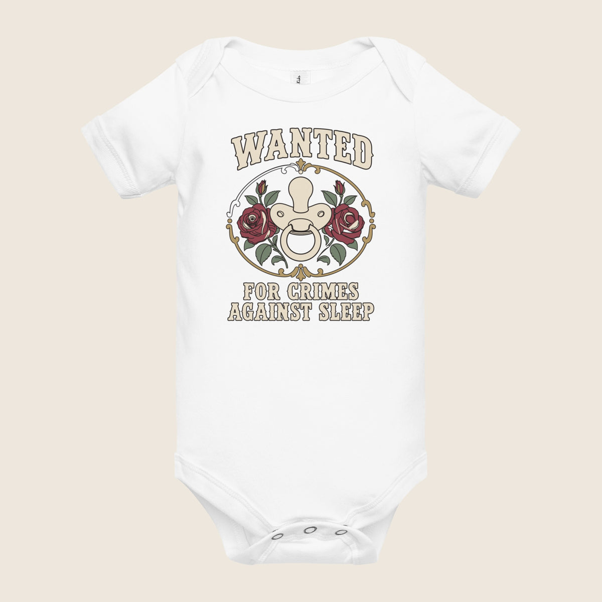 Wanted: For Crimes Against Sleep Baby Bodysuit in White, alternate flat front view