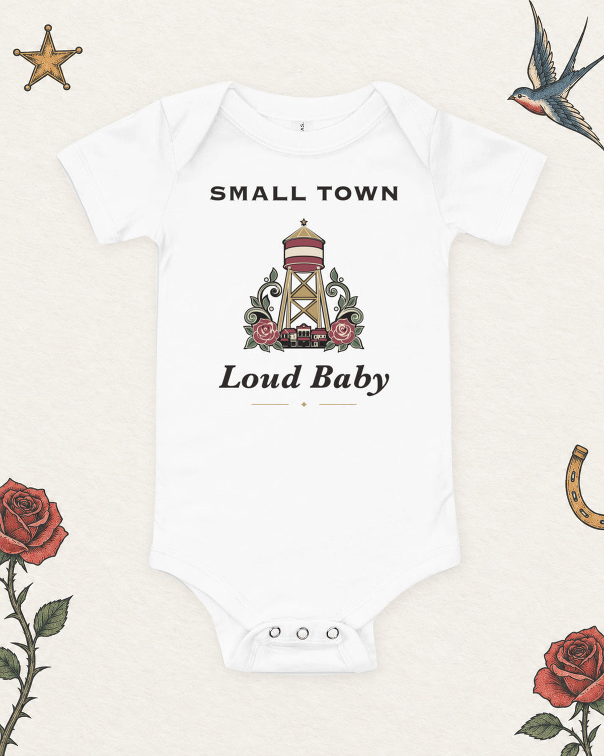 Small Town, Loud Baby Baby Bodysuit in White, product view on pale ivory with faded colored tattoo flash.
