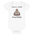 Small Town, Loud Baby Bodysuit, white, water tower, roses and Small Town, Loud Baby lettering, product view.