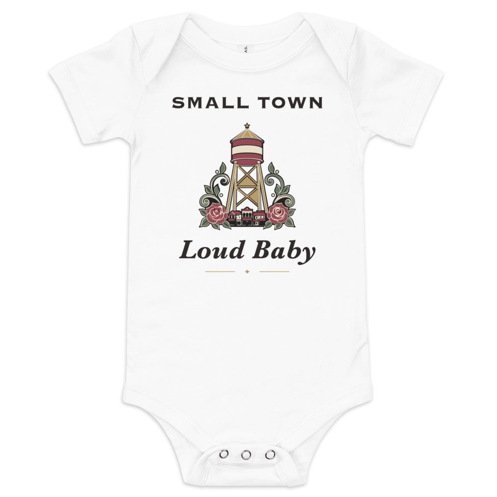Small Town, Loud Baby Bodysuit, white, water tower, roses and Small Town, Loud Baby lettering, product view.