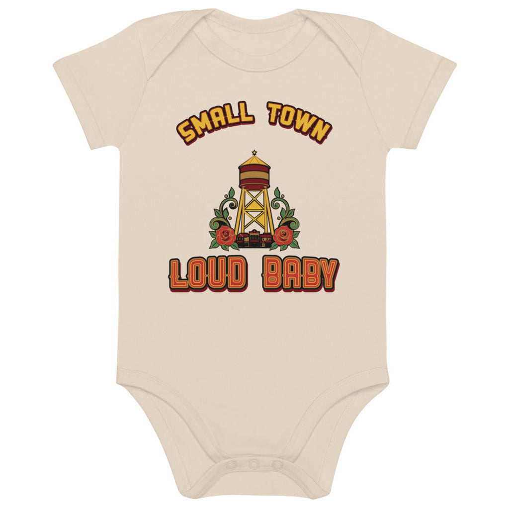 Small Town, Loud Baby Organic Baby Bodysuit, Natural in Natural, product view on clean background.