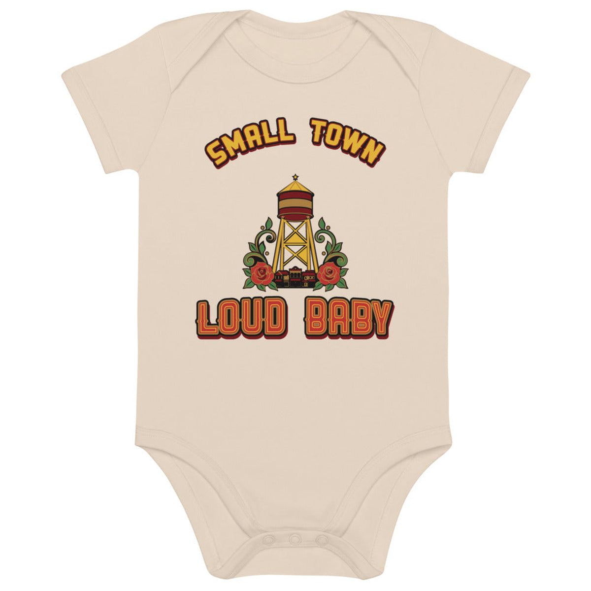 Small Town, Loud Baby Organic Baby Bodysuit, Natural in Natural, product view on clean background.