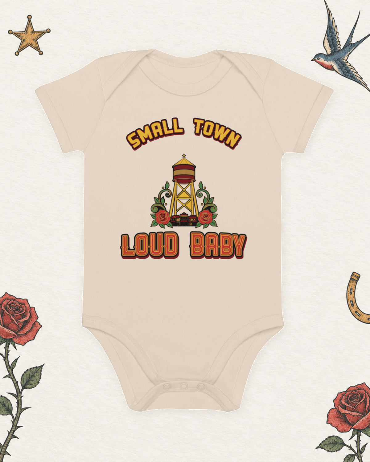Small Town, Loud Baby Organic Baby Bodysuit, Natural in Natural, product view on pale ivory with faded colored tattoo flash.