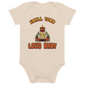 Small Town, Loud Baby Organic Baby Bodysuit, Natural, natural, water tower and bold Small Town, Loud Baby lettering on Natural cotton, product view.