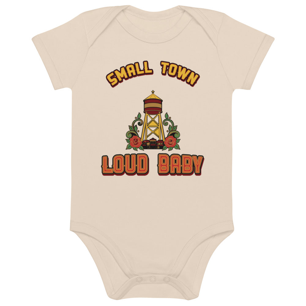 Small Town, Loud Baby Organic Baby Bodysuit, Natural, natural, water tower and bold Small Town, Loud Baby lettering on Natural cotton, product view.