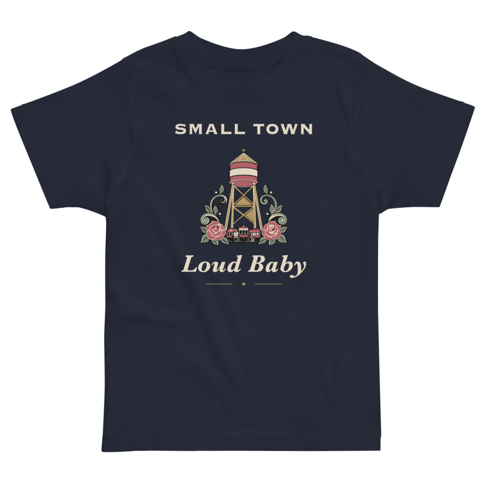 Small Town, Loud Baby Toddler Tee, navy, water tower, roses and Small Town, Loud Baby lettering, product view.