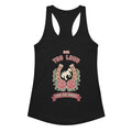 Still Too Loud for the Rodeo Women's Racerback Tank, black, rose-trimmed horseshoe and rearing horse with Still Too Loud for the Rodeo lettering, back view.