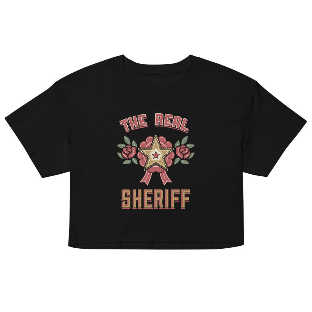 The Real Sheriff Women's Crop Top in Black, product view on clean background.