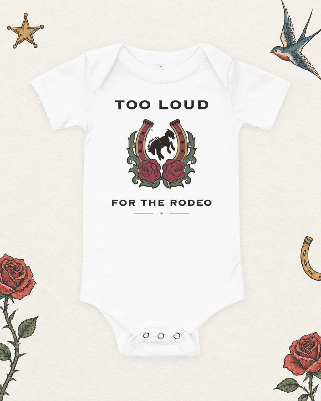 Too Loud for the Rodeo Baby Bodysuit in White, product view on pale ivory with faded colored tattoo flash.