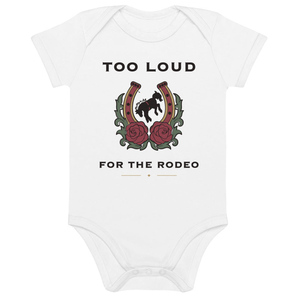 Too Loud for the Rodeo Organic Baby Bodysuit in White, product view on clean background.