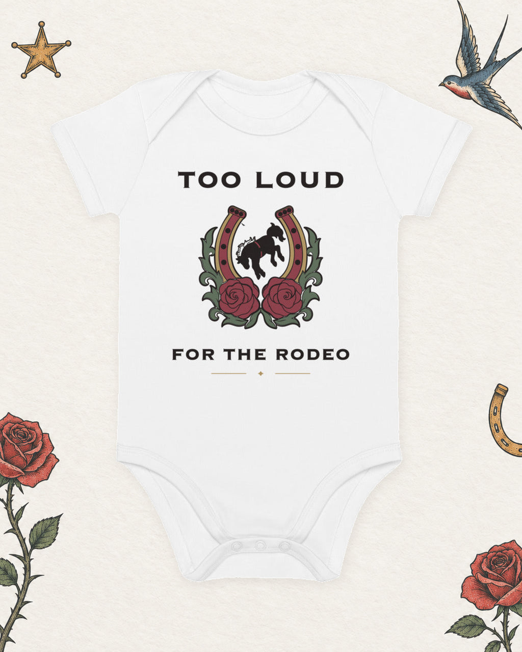 Too Loud for the Rodeo Organic Baby Bodysuit in White, product view on pale ivory with faded colored tattoo flash.